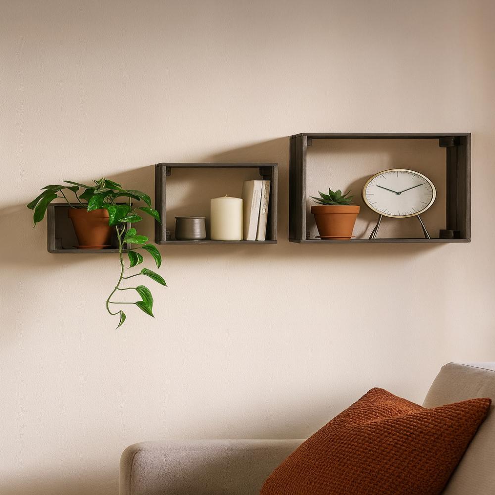 3 houten kubussen wandplanken greywash 40 bij 40 en 15 cm diep