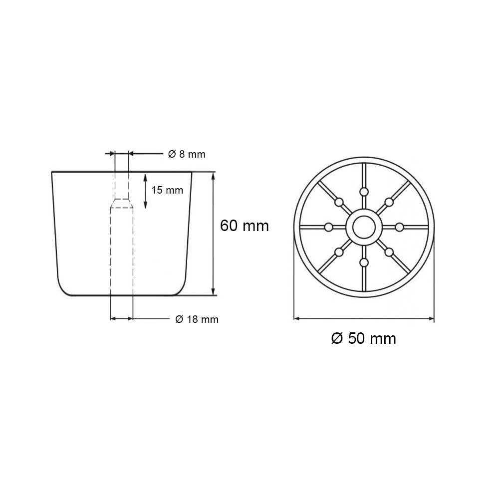 Meubelpoot zwart rond Ø 5 cm en hoogte 6 cm van kunststof