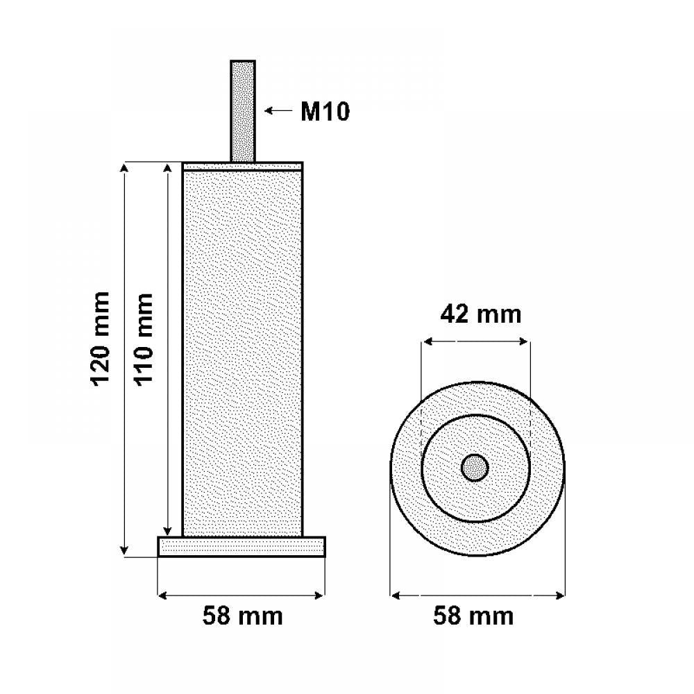 Meubelpoot aluminium rond Ø 4,2 cm en hoogte 12 cm (M10)