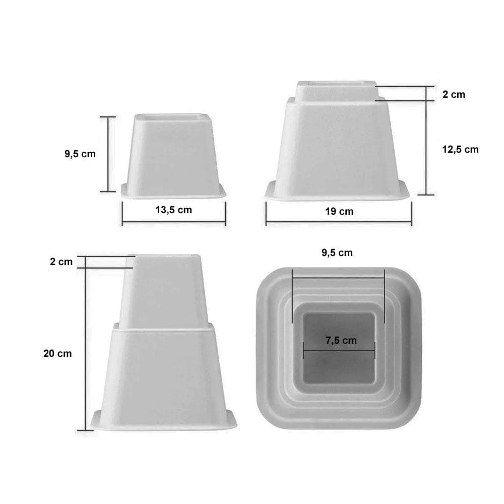 Bedverhoger zwart vierkant 19 bij 19 cm en hoogte 20 cm van kunststof - 4 stuks