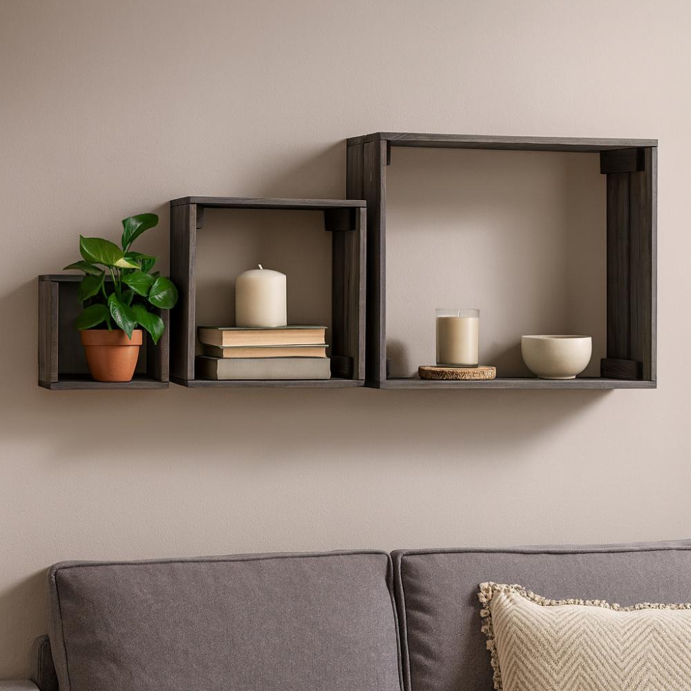 3 houten kubussen wandplanken greywash 40 bij 40 en 15 cm diep
