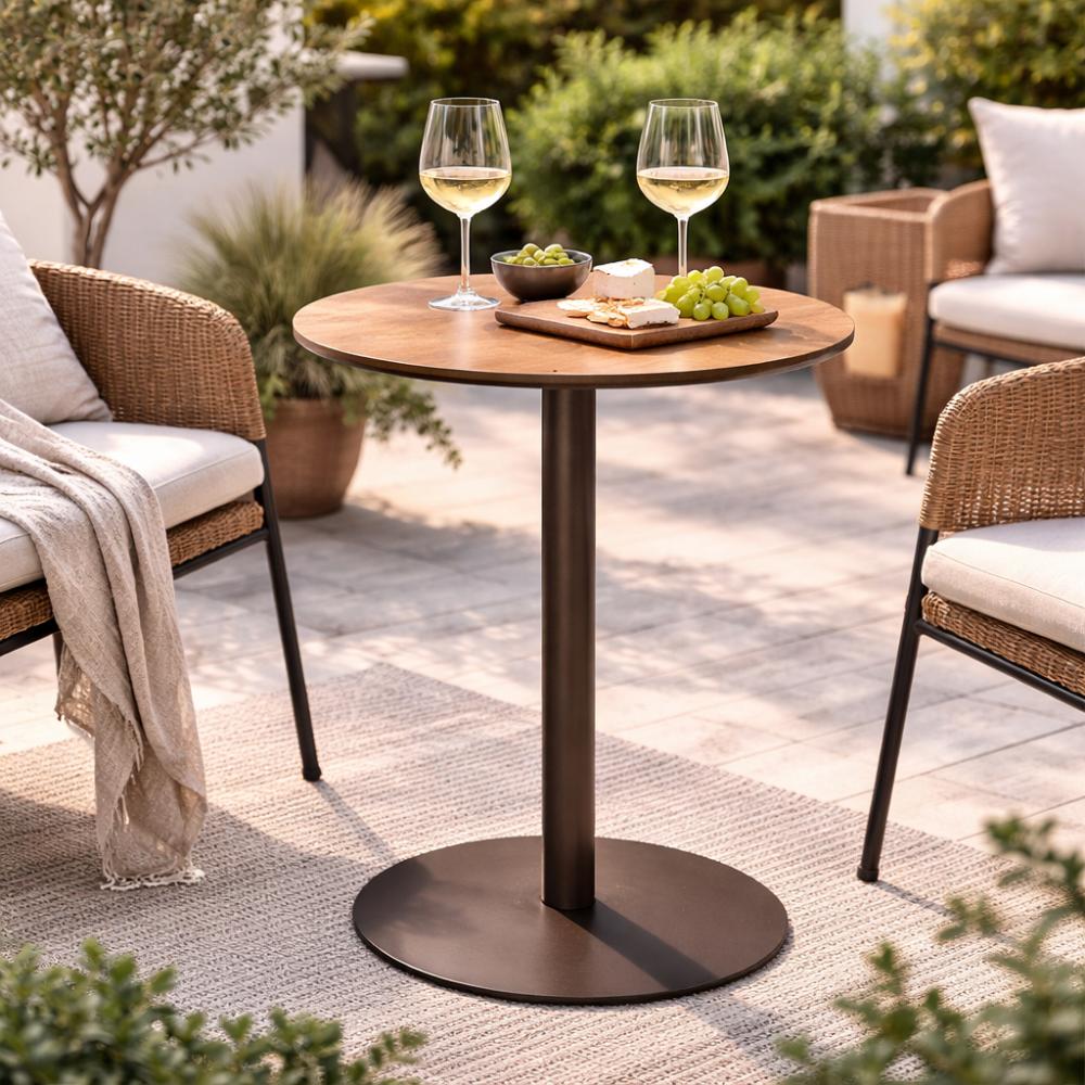 Stalen bistro tafelpoot met massieve plaat Anodic brown rond koker ⌀6 cm en hoogte 75 cm