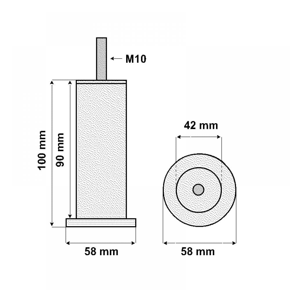 Stalen meubelpoot aluminium rond ø 4,2 cm en hoogte 10 cm  (M10)