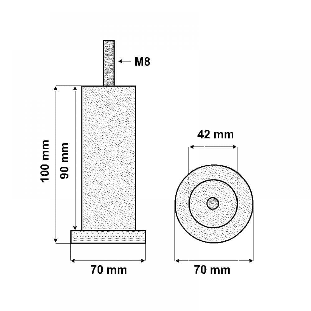 Stalen meubelpoot rvs look rond ø 4,2 cm en hoogte 10 cm  (M8)