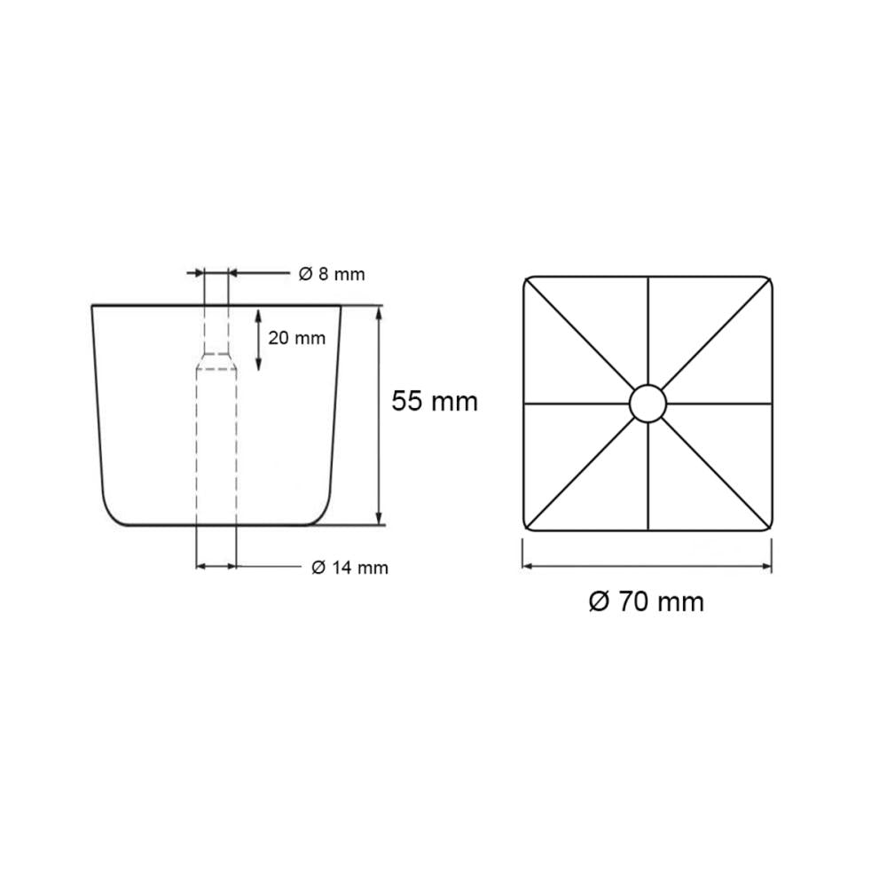 Meubelpoot zwart vierkant 7 bij 7 cm en hoogte 5,5 cm  van kunststof